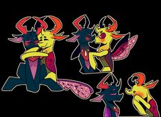 an image of some cartoon characters on a black background in different colors and sizes, with one person holding the other's arm