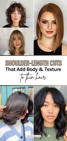 Looking for shoulder length haircuts to add body and texture to thin hair? My blog post covers everything you need! Discover if shoulder-length hair is good for thin hair and explore the best haircuts like long layered bob, textured bob, blunt cut with bangs, asymmetrical cut, shaggy bob, and more. Find styles that enhance your hair's fullness and texture, making it look thicker. Ready to transform your look? Head to the blog now to find the best shoulder-length haircut for thin hair! Haircut Shoulder Length Layers, Shoulder Haircut, Shoulder Length Layered, Haircut Styles For Women, Womens Haircuts Medium, Textured Haircut