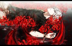 a woman laying on the ground surrounded by red flowers