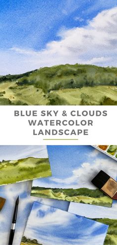 blue sky and clouds watercolor landscape