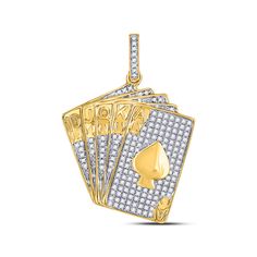 10kt Yellow Gold Mens Round Diamond Royal Flush Charm Pendant 5/8 Cttw Royal Flush, Diamond Charm, Delicate Necklace, Conflict Free Diamonds, Accessories Unique, Diamond Stone, 10k Gold, White Diamond, Round Diamond