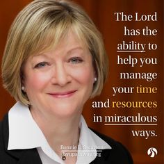 a woman with short blonde hair and a quote on her face that says, the lord has the ability to help you manage your time and resources in