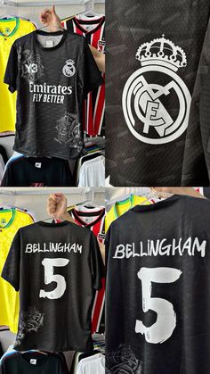 soccer jerseys are being displayed for sale at the store, including three different colors and sizes