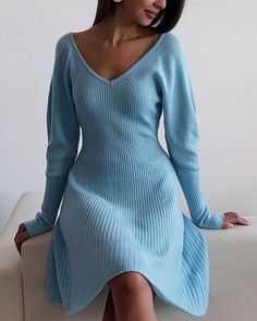 Knitted Long Sleeve V-Neck Sweater Dress Knitted Long Sleeve, Party Clothes, Long Sleeve Dresses, Women Long Sleeve Dress, High Waist Dress, Long Sleeve Knit Dress, Garden Parties, Quality Dresses, Khaki Dress