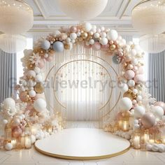 a white and gold wedding arch decorated with balloons, garlands and candles for an elegant look