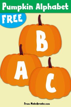 three pumpkins with the letter b and c on them are shown in this free printable