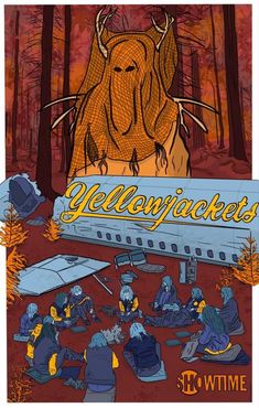 an advertisement for the yellowjackets show in front of a group of people