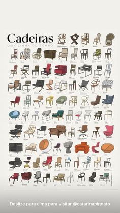 an image of chairs that are all different colors and sizes, with the words caderias on them