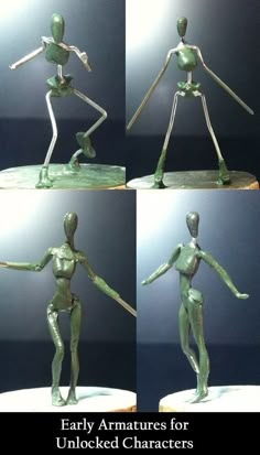 four different images of an alien standing on one leg and holding the other arm out