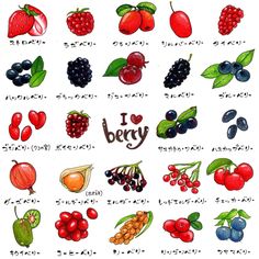 an image of fruits and berries with the words i love berry written in japanese