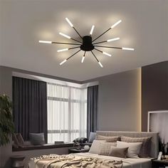 a bedroom with a large bed and a ceiling light in the middle of the room