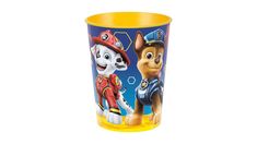 the paw patrol plastic cup is yellow and has two puppies on it, one with a fireman's uniform