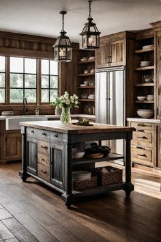 a large kitchen island in the middle of a wooden floored room with lots of cabinets