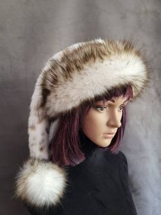 ALL FUR IS FAUX SIZING  The short and mid length hats will fit average heads of 22 to 23 inches, while the large, which is also a short hat, and the long hats, which are over two feet long from the brim to the ball, will fit 24 inch heads. The baby hat is a long hat and will fit up to 15 inch heads. Great for family photos!! All fur is faux    These hats are made out of a gorgeous faux snow leopard fur, with an ivory background and beige and caramel spots. The trim is a soft, thick soft white fu Long Hats, Long Hat, Fur Costume, Grey Fur, Faux Snow, Faux Fur Hat, Ivory Background, Santa Hats, Fur Hat