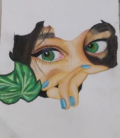 a drawing of a woman holding a green leaf