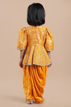 Orange floral embroidered peplum top with tassel details. Paired with a dhoti pant. - Aza Fashions Dhoti Pants, Floral Peplum Top, Fashion App, Pant Set, Aza Fashion, Peplum Top, For Girls, Pants Set, Orange