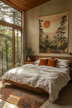 40 Forest Themed Bedroom Ideas to Create a Warm, Cozy Space Outdoorsy Home Interior, Pnw Home Aesthetic, Bedroom Forest, Simple Cozy Bedroom, Forest Homes, Nature Bedroom Aesthetic, Forrest Bedroom, Kids Forest Bedroom, Forest Inspired Bedroom