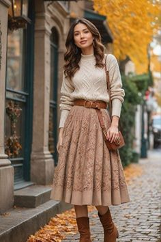 Fall And Winter Dresses And Skirts, Autumn Women’s Clothes, Midi Dress With Sweater Over It, Flowy Winter Outfit, Winter Outfits Cottagecore, Flowy Skirt Outfit Winter, Feminine Autumn Outfits, Modest Cottagecore Outfits, Autumn Skirt Outfit