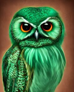 a green owl with orange eyes sitting on top of a wooden table in front of a brown background