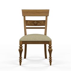 a wooden chair with a beige upholstered seat and back cushion on an isolated white background