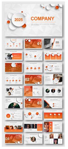 an orange and white presentation board with many different sections for the company's logo