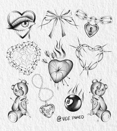 an ink drawing of various tattoos on paper with hearts, keys and other items in the background