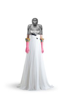 a woman in a white dress with pink gloves and an animal head on her chest