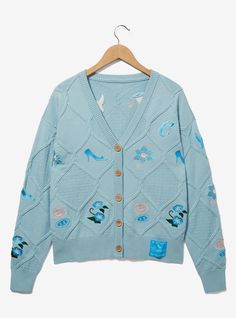 Be the talk of the ball in this Cinderella-inspired cardigan! This cable-knit sweater features embroidered glass slippers  blossoms  and buttons  along with a "C" on the front. Don't forget the custom tag stamped with Cinderella's approval!A BoxLunch Exclusive!50% rayon; 30% recycled polyester; 20% nylonListed in women's sizes; unisex silhouetteWash cold with like colors; dry lowImported Disney Clothes For Women Vintage, Disney Bound Cinderella Casual, Cinderella Disneybound, Diamond Cardigan, Cinderella Outfit, Plus Size Cardigan, Royal Ball, Cinderella Disney, Glass Slippers