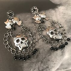 sterling silver Black Onyx Skull Katrina Filigree long Statement Earrings Artisan Handmade Frida Kahlo Love birds Long Statement Earrings, Artisan Earrings, Rhodolite Garnet, Pearl Earrings Dangle, Día De Muertos, Earrings Photo, Handmade Sterling Silver, Handmade Artisan, Dia De Muertos