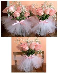 two pictures of pink roses and baby's breath in a tutule vase