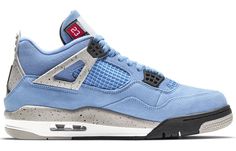 This Air Jordan 4 “University Blue” is dressed in a University Blue, Tech Grey, White, and Black color hue. The premium suede panels, which wrap the toe, heel, and profile, are all dyed the light cool tone, while both the netting and laces match to an exact spec. The labels on the tongue introduce a scarlet tone to the sneaker via a jersey-like label. SKU: CT8527-400 Release Date: 28 Apr ,2021 Color: University Blue/Tech Grey/White/Black Jordan 4 University Blue, Jordan Vi, Air Jordan Vi, Air Jordan Retro 4, Jordan 4’s, Jordan Jersey, Jordan Retro 4, Blue Jordans, Blue Palette