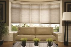 a living room filled with furniture and a window covered in blind shades on the windowsill