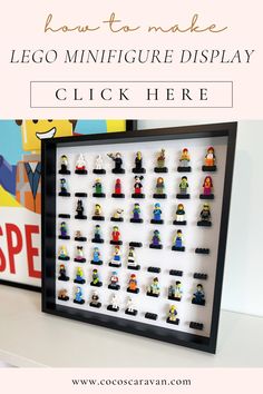 lego minifigure display with text overlay reading how to make lego miniature display click here