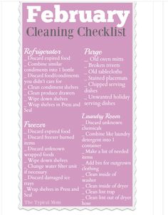 a pink and white poster with the words, february cleaning checklist written in it