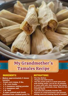 an advertisement for grandma's tamales recipe with instructions in english and spanish on the side