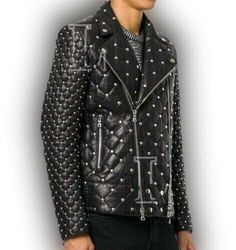 Handmade men's studded leather jackets in classic black, edgy black with gold studs, or bold multicolor designs, perfect for trips or parties #mensfashion #leatherjacket #motorcyclejacket #studded #Leather #Handmade #Jacket #Studded #Men #PartyCocktail Winter Leather Jacket With Rivets For Streetwear, Rocker Style Riveted Winter Outerwear, Designer Winter Biker Jacket With Long Sleeves, Winter Long Sleeve Biker Jacket With Rivets, Designer Long Sleeve Leather Jacket For Biker Events, Designer Long Sleeve Biker Jacket For Winter, Riveted Leather Jacket For Biker Events, Long Sleeve Leather Jacket With Rivets For Biker Events, Winter Leather Jacket With Rivets