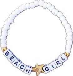 White Star Bracelets For Friendship, White Beaded Bracelet With Starfish Charm As Gift, White Strand Bracelet With Letter Beads, Letter Beads Strand Bracelets As Gifts, White Adjustable Name Bracelet For Beach, Summer Beach Bracelets With Letter Beads, Letter Beads Strand Bracelet Gift, Letter Beads Strand Bracelet As Gift, Personalized White Bracelets For Beach