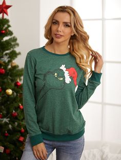 Green Christmas Monster Elements Print Long Sleeve Sweatshirt Green Casual Christmas Sweater, Casual Green Christmas Sweatshirt, Winter Holiday Long Sleeve T-shirt, Green Letter Print Tops For Winter, Green Tops For Fall Holiday, Casual Christmas Long Sleeve Tops, Green Holiday Top For Christmas, Casual Long Sleeve Christmas Tops, Long Sleeve T-shirt For Winter Holiday