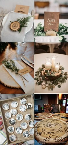 a collage of photos with candles, plates and napkins