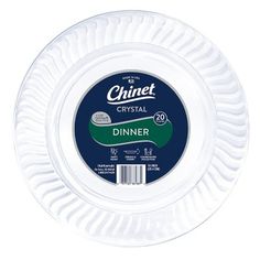 a white dinner plate with the words dinner printed on it's front and side