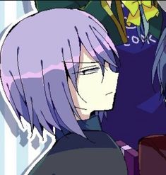 two anime characters with purple hair and blue eyes looking at each other in front of a mirror