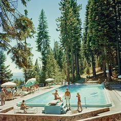 some people are standing around in front of an outdoor swimming pool with trees and lawn chairs