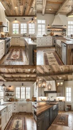 the kitchen is decorated in rustic style with wood flooring and white cabinets, along with an island