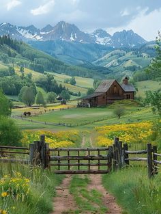 a dirt path leading to a wooden barn in the middle of a field with wildflowers