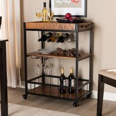 a wine rack with bottles and glasses on it