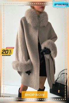 Cape Fox Fur Collar Cashmere Wavy Coat