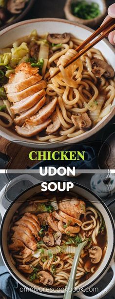 chicken udon soup in a bowl with chopsticks and noodles on the side