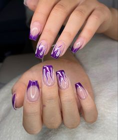 Purple flame fire acrylic nails Nails Acrylic Fire Flames, Purple Flame Nails Acrylic, Purple Flame Nail Art, Purple Fire Nails, Fire Design Nails, Fire Acrylic Nails, Purple Flame Nails, Purple Acrylic Nails Coffin, Uñas Aesthetic