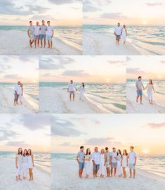 a group of people standing on top of a beach next to the ocean at sunset