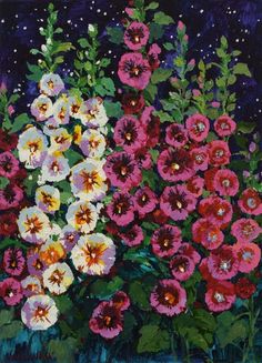 an oil painting of many different colored flowers